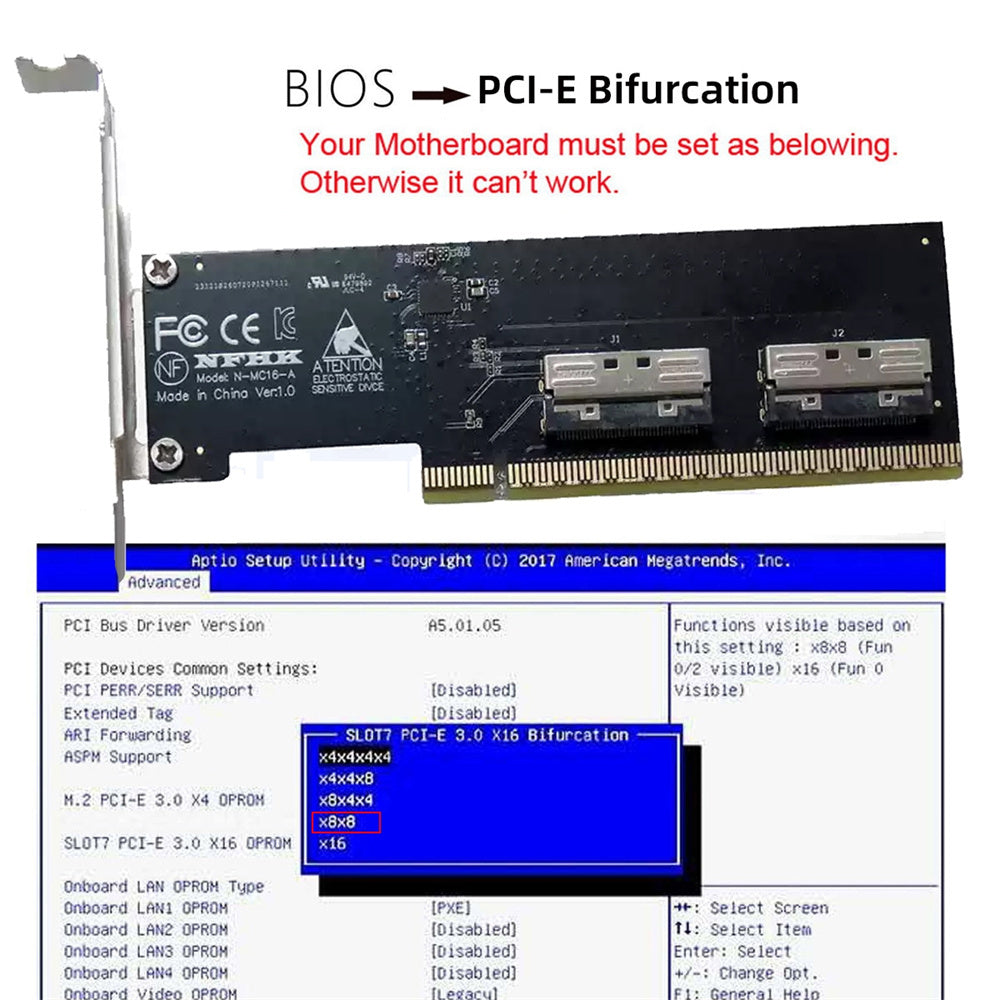 JSER PCIe 5.0 x16 to Dual MCIO 8x VROC RAID Adapter – SFF-TA-1016, Split PCIe Required