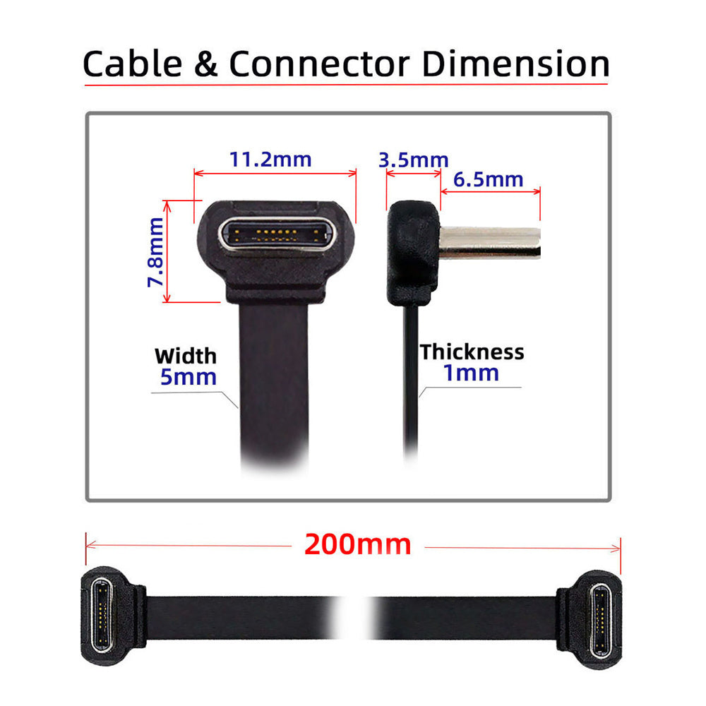 JSER USB C Ribbon Cable Dual Angled Adapter USB 2.0 65W Charging Data Extension Cord Black 20cm