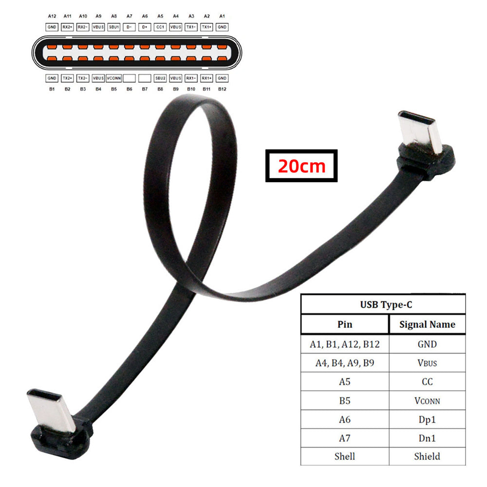 JSER USB C Ribbon Cable Dual Angled Adapter USB 2.0 65W Charging Data Extension Cord Black 20cm